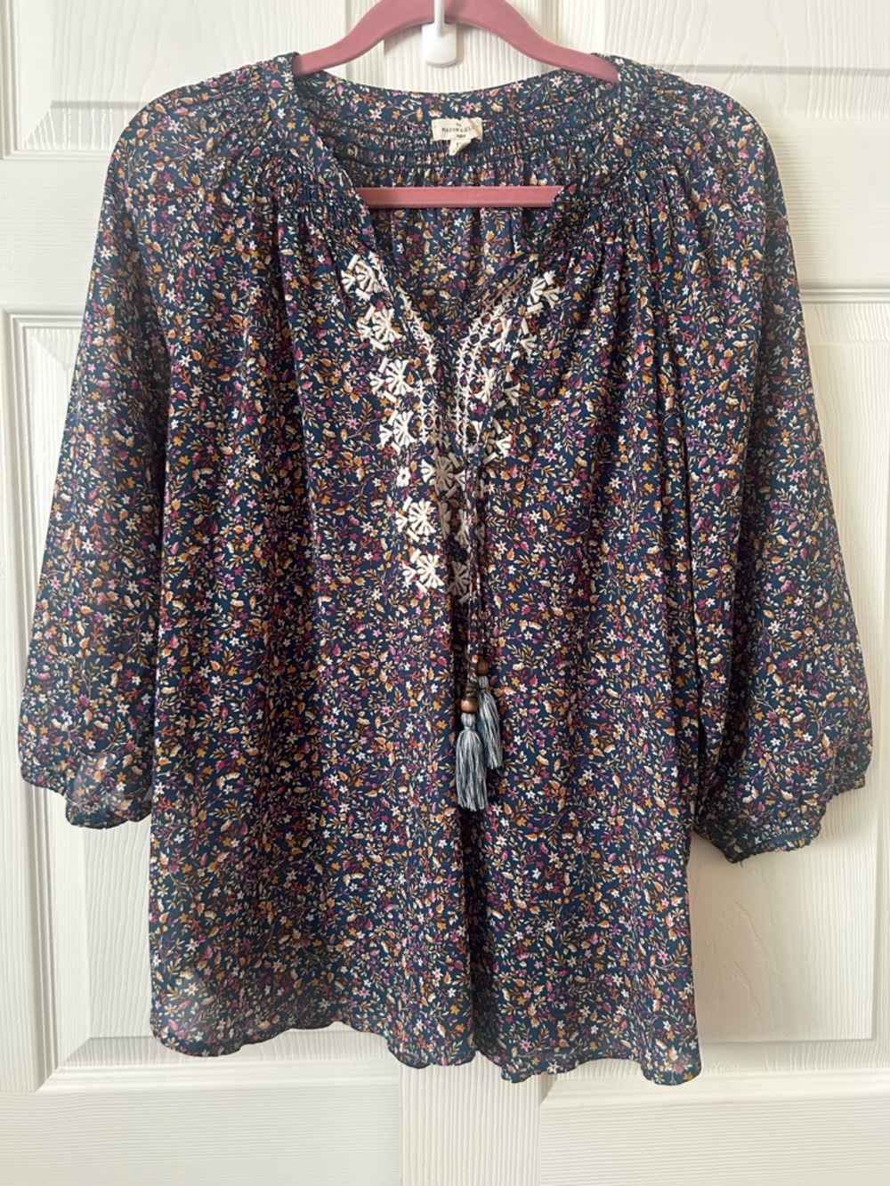 Mason & Belle Navy Floral Embroidered Peasant Blouse with Tassel Tie 1x